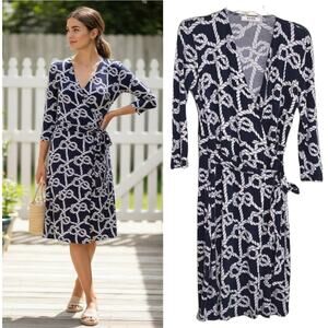 Sade New York Wrap Dress Women's Size 6 Navy White Nautical Midi Long sleeve